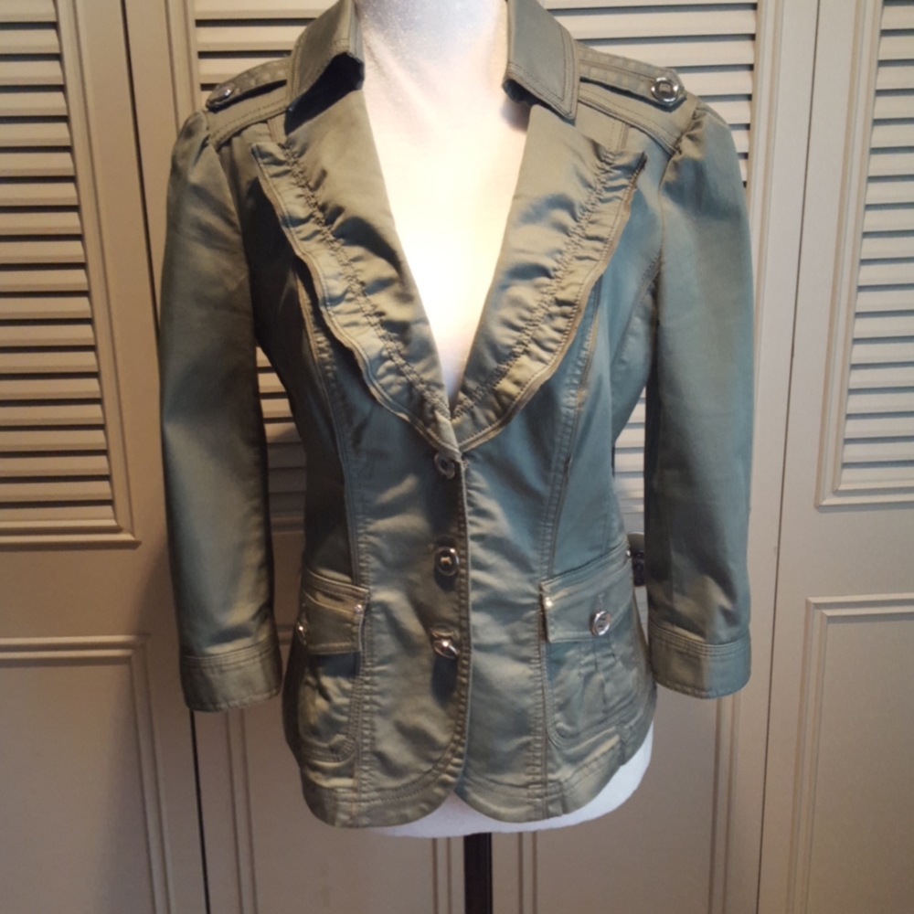Gorgeous olive jacket with rhinestone detail.
